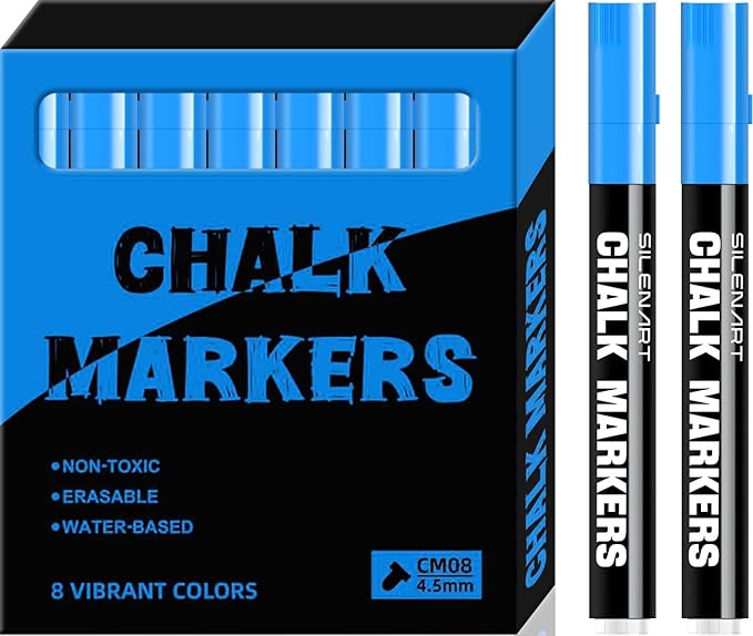 SILENART Chalk Markers - Vibrant 8 Pack - Dry Erase Markers Pen - Liquid Chalk Markers for Blackboard Chalk Board Windows Glass Acrylic Calendar Board - Erasable Chalk Marker (Blue)-DeskLoop Office