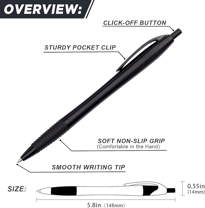Black Pens Bulk Gripped Slimster Retractable Ballpoint Pen Medium Point Black ink Smooth Writing Pens for Journaling (60Pack)-DeskLoop Office
