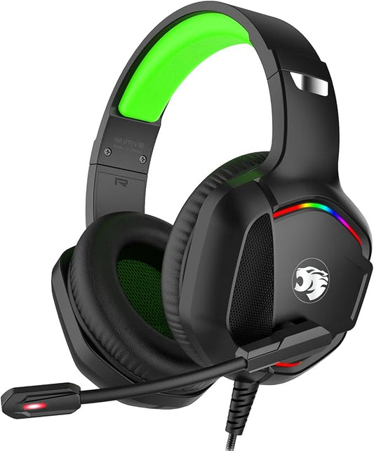Gaming Headset with Microphone for Pc, Xbox One Series X/s, Ps4, Ps5, Switch, Stereo Wired Noise Cancelling Over-Ear Headphones with Mic, RGB, for Computer, Laptop, Mac, Nintendo, Gamer (Green)-DeskLoop Office
