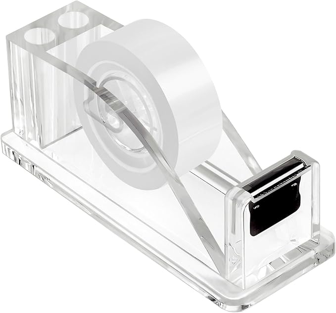 QILIMA Transparent Acrylic Tape Dispenser, Clear Tapes and Refillable Dispensers, Desktop Tape Dispenser Acrylic for Home,Tape Cutter Holder Fits Standard Tape Rolls, Office and School-DeskLoop Office