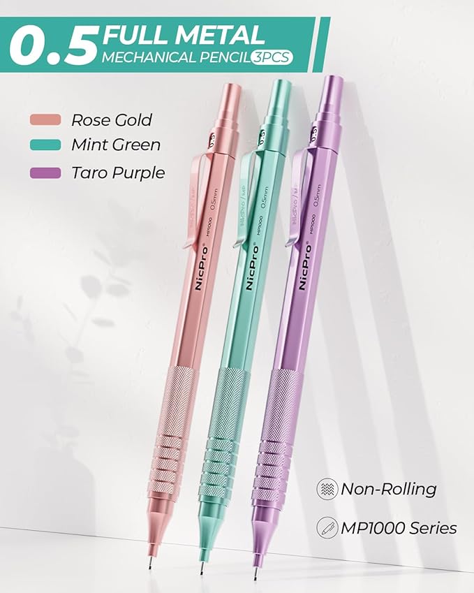 Nicpro 0.5 mm Metal Mechanical Pencil Set, 3PCS MP1000 Artist Lead Pencils With 480PCS HB 2B Lead Refills, Erasers, Aesthetic School Supplies for Girls & Women Teacher Writing Drawing Sketching-DeskLoop Office