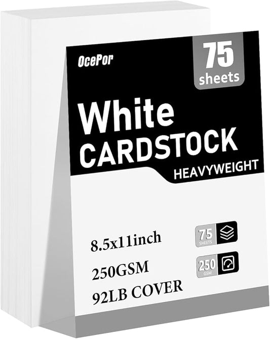 OcePor 75 Sheets White Cardstock 8.5 x 11, 92lb/250gsm Card Stock Paper, Thick Printer Cardboard Paper, Heavy Cardstock for Invitation, Resume, Certificate, Business Cards, Office-DeskLoop Office