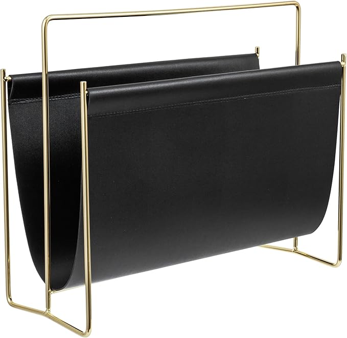 MyGift 15-Inch Modern Black Leatherette & Brass Plated Metal Magazine Holder – Floor Standing Faux Leather Sling Style Newspaper Rack for Home, Bathroom, Office Decor-DeskLoop Office