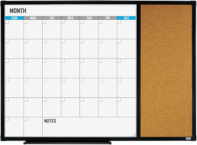 XBoard Dry Erase Calendar Whiteboard 28 X 20 - Combo White Board Calendar Monthly, Magnetic White Board + Corkboard with Black Aluminum Frame-DeskLoop Office