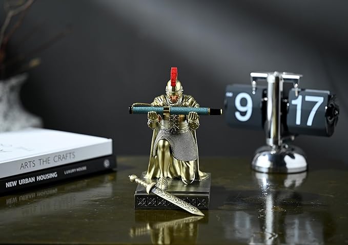 Roman Praetorian Prefect Warrior Knight Pen Holder Desk Ornament Resin Praetorian Guard Mobile Phone Stand Desk Accessories and Organizer for Office with a Letter Opener (Bronze)-DeskLoop Office