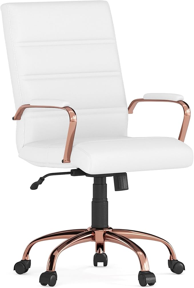 Flash Furniture Whitney Mid-Back Swivel LeatherSoft Desk Chair with Padded Seat and Armrests, Adjustable Height Padded LeatherSoft Office Chair, White/Rose Gold-DeskLoop Office