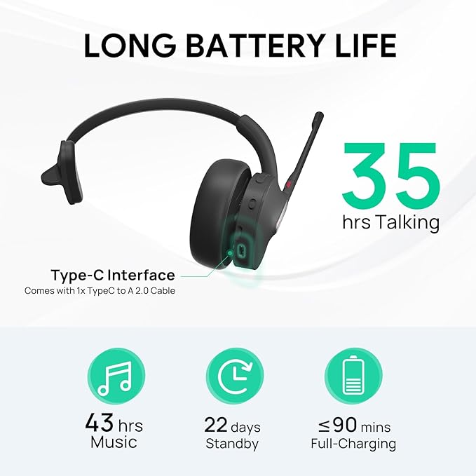 Yealink BH70 Mono Wireless Headset with Mic for Work, Bluetooth Headphone Teams Certified, up to 35h Talk Time, 91g Lightweight Comfort, USB-C to A-DeskLoop Office