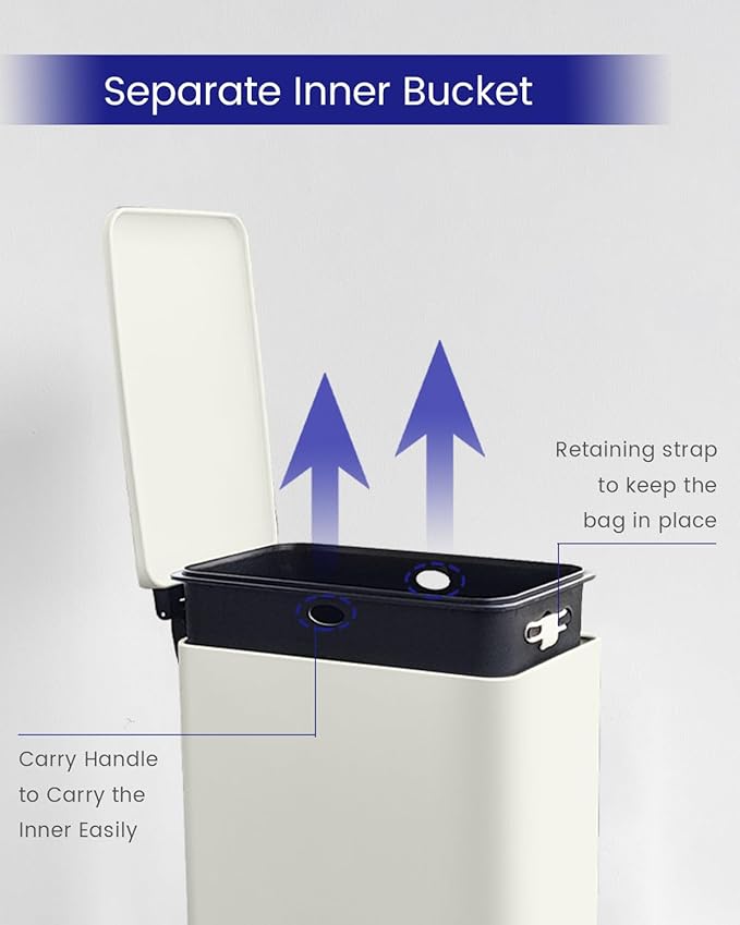 Kitchen Rubbish Bin, 45 Litre Waste Bin, Large Pedal Bin, Kitchen Rubbish Bin with Softclose Lid and Inner Bin, Slim Pedal Bin for Kitchen, Bathroom and Office, White-DeskLoop Office