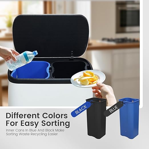 16 Gallon Dual Trash Can, Kitchen Recycling Bins with 2 x 8 Gallon Compartments, 2 Plastic Removable Liners, Soft-Close Lid, Stainless Steel Step Trash Can, White-DeskLoop Office