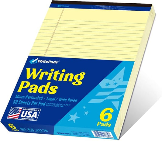 Legal Pads 8.5 x 11 Note Pads, Wide Ruled Writing Pads, Canary Paper, 6-Pack, 50 Sheets, Micro-Perforated Notepads, Office Supplies (KSU-8348) - Made in the USA-DeskLoop Office