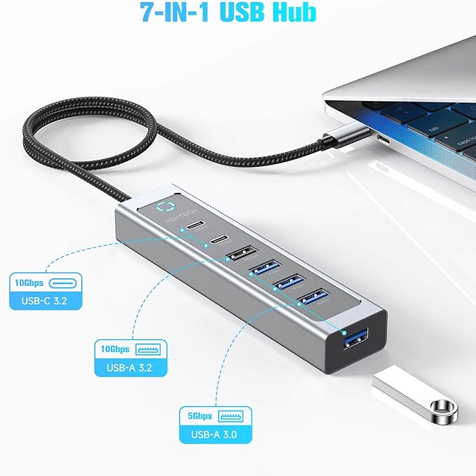 RSHTECH 7-Port USB C Hub Splitter 10Gbps with 3 USB-3.2 (2C + 1A), 4 USB-3.0 Ports and 2ft Long Cable, Aluminum USB-C Hub Multiport Adapters for Laptop and More, RSH-T17C-DeskLoop Office