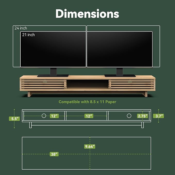 Dual Monitor Stand Riser with Sliding Door, Double Computer Laptop Stand Desk Shelf Organizer with Storage (Natural Bamboo, 38 Inch)-DeskLoop Office
