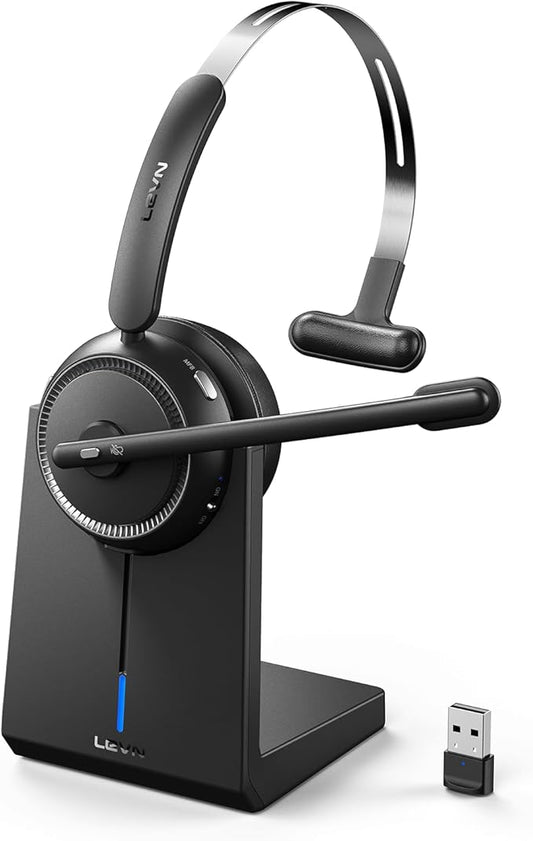 LEVN Wireless Headset 5.2 for Call Center, Bluetooth Headphones with Mic for Work(Noise Cancelling), 65 Hours Woktime & Mute Button,Wireless Headset for Work from Home/Office/PC/Computer/Laptop(Black)-DeskLoop Office
