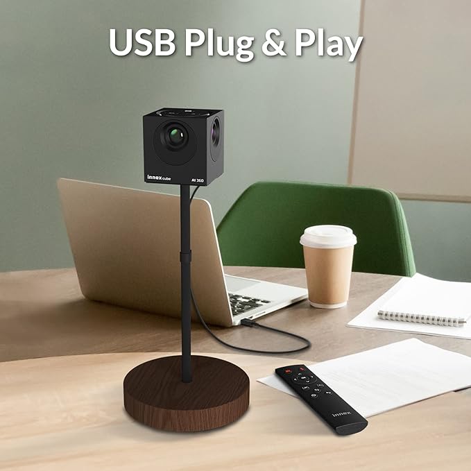 Innex Cube 4K 360 Degree Video Conference Camera with Multiple AI Modes, Dual Omnidirectional Mics, Remote, Plug and Play Conference Room Webcam for Zoom, Microsoft Teams, Open Space, Meeting Room-DeskLoop Office