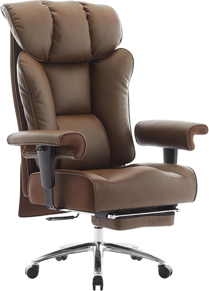 Big and Tall Ergonomic Office Chair 450LBS with Foot Rest, High Back PU Leather Executive Chair with Adjustable Padded Armrests, Lumbar Support for Home or Work, Heavy Duty Computer Chair, Brown-DeskLoop Office