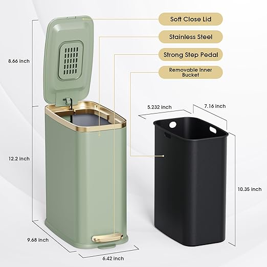 CEROELDA Small Bathroom Trash Can with Lid Soft Close-5L/1.3 Gal Slim Garbage Can-Metal Step Wastebasket-Rectangle Narrow Waste Bin for Office, Bedroom, Toilet, Live Room-Green-DeskLoop Office