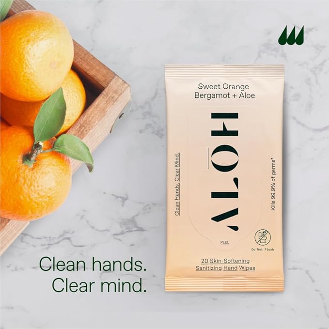 ALŌH Sweet Orange Bergamot + Aloe Sanitizing Hand Wipes - Clean Hands, Clear Mind - On The Go Hand Sanitizer Wipes for Kids and Adults - Travel Size 6 Packs 20ct Wipes (120 wipes)-DeskLoop Office