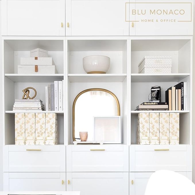 BLU MONACO Decorative Foldable Magazine Storage Boxes for Desk – Set of 4 with Gold Floral Pattern & Gold Label Holder – Ideal for Book Organization & Vertical File Storage-DeskLoop Office