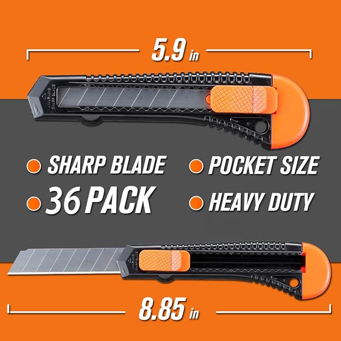 REXBETI 36 Pack Utility Knife, Retractable Box Cutter for Cartons, Cardboard and Boxes, 18mm Wider Razor Sharp Blade, Smooth Mechanism, Perfect for Office and Home use (36 Pack)-DeskLoop Office