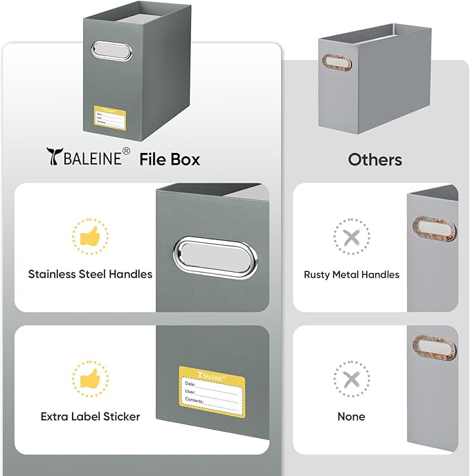 BALEINE File Organizer Box, Cardboard File Folder Organizer with Handle for Letter Size, Portable Collapsible Hanging Filing Box for Home Office Document Storage (2 Pack, Grey)-DeskLoop Office