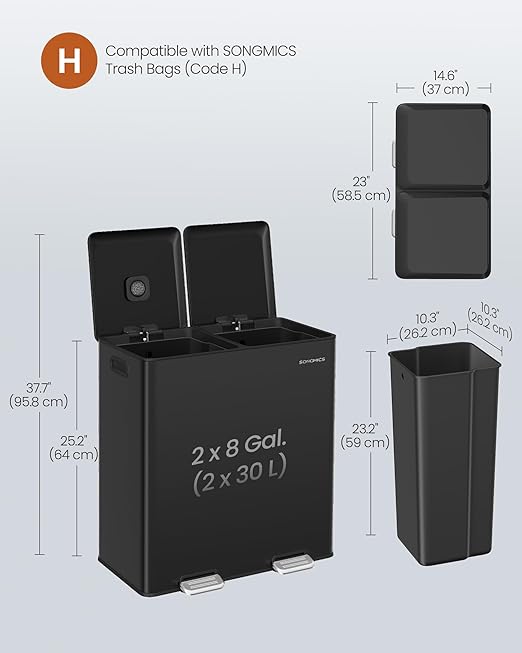 SONGMICS Trash Can, 2 x 8 Gallon (2 x 30 L) Double Garbage Can with Soft-Close Lids, Removable Inner Buckets, Pedals, Stainless Steel, for Waste and Recycling, Ink Black ULTB743B01-DeskLoop Office
