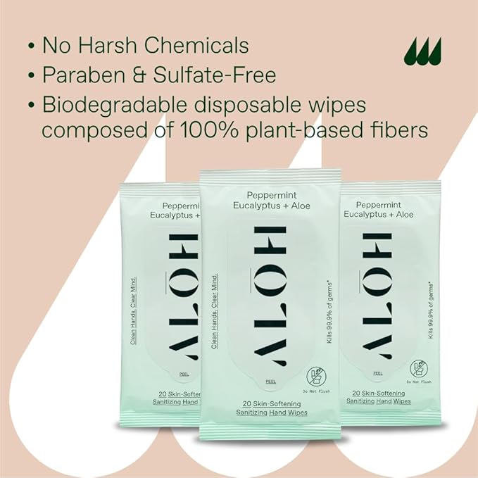 ALŌH Peppermint Eucalyptus + Aloe Sanitizing Hand Wipes - Clean Hands, Clear Mind On The Go Sanitizer for Kids and Adults - Travel Size 3 Pack 20ct Wipes (60 Wipes)-DeskLoop Office