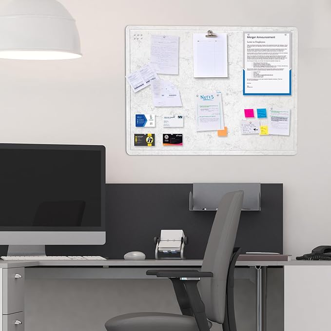 Bulletin Board, 24 x 18 Inches Felt Decorative Pin Board, Cork Alternative for Wall, Foldable Photo Self-Adhesive Vision Mood Board With 20 Pushpins - Marble White-DeskLoop Office