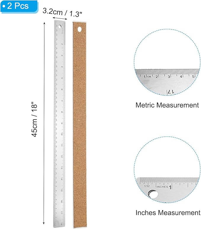 PATIKIL 18 Inch Stainless Steel Ruler Straight Edge Ruler, 2 Pcs Cork Backing Non-Slip Metal Ruler with Inches Centimeter Metric Measuring Tools for Office-DeskLoop Office