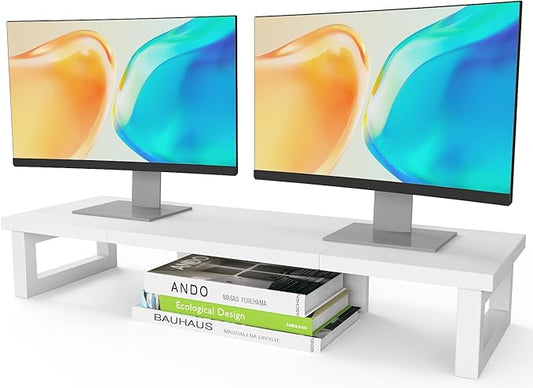 WESTREE Dual Monitor Stand Riser, Wood and Steel Monitor Stand Riser, Computer Monitor Stand for 2 Monitors, Multi-Purpose Desktop Storage Stand for Computer,Laptop,Printer,TV-DeskLoop Office