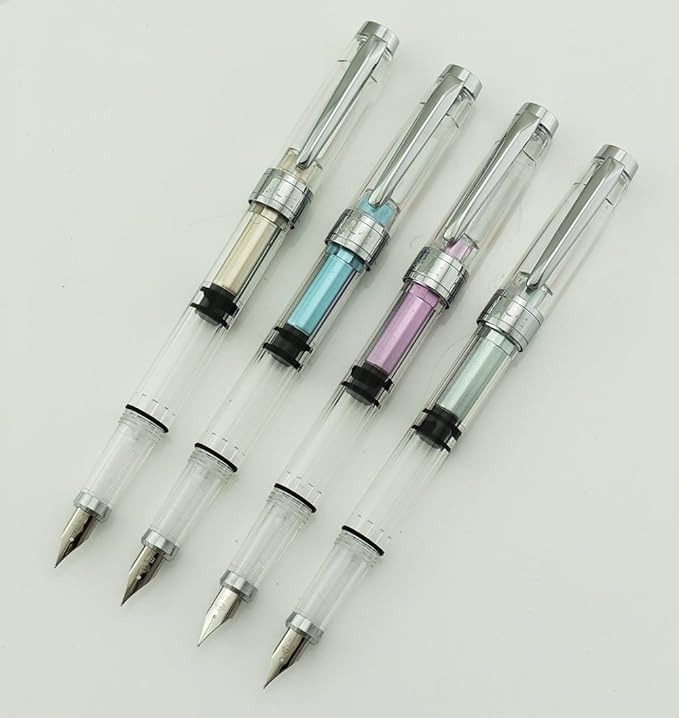 Lanxivi Yongsheng 3008 Piston Fountain Pen EF Extra Fine Nib,Transparent SilverTrim 4 Colors Set-DeskLoop Office