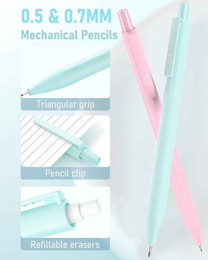 12PCS 0.5 & 0.7 mm Mechanical Pencils Set with Case, Cute Pastel Mechanical Pencil with 720PCS HB Lead Refills, 3 Erasers, Aesthetic Back to School Supplies for Student Writing Drafting-DeskLoop Office