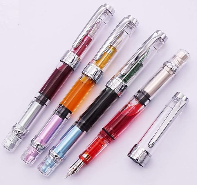 Lanxivi 4 x Yongsheng 3008 Fountain Pen Upgrated Fine Nib,Silver Trim,Piston Filling, Transparent-DeskLoop Office
