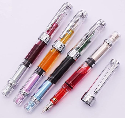 Lanxivi 4 x Yongsheng 3008 Fountain Pen Upgrated Fine Nib,Silver Trim,Piston Filling, Transparent-DeskLoop Office