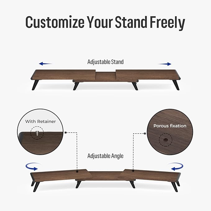loukin Dual Monitor Stand Riser for Desk, 43.6"*8.2"*3.2" Large Computer Stand for 2 Monitors, Laptop, Printer, Length and Angle Adjustable Computer Shelf, Home Office,Max 43.6" Length(Brown)-DeskLoop Office