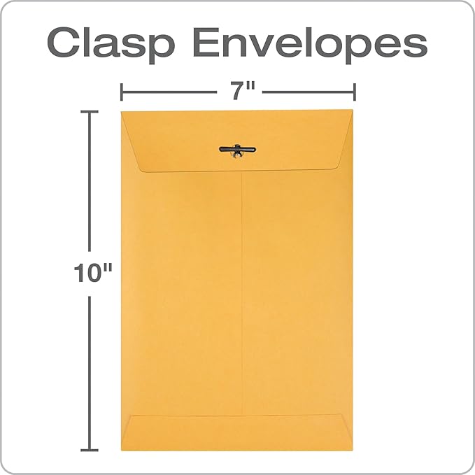 Quality Park 7 x 10 Clasp Envelopes, Clasp and Gummed Closures for Storing or Mailing, 28 lb Kraft Paper, 100 per Box (QUA37868)-DeskLoop Office