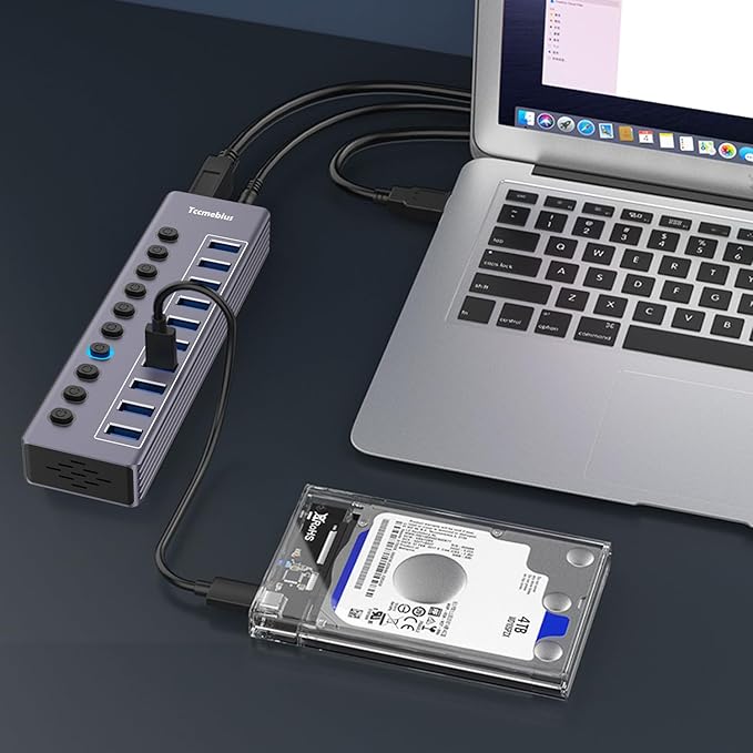 Powered 10-Port USB 3.0 Hub, USB C to 10 Ports USB Data Hub Splitter with Individual LED On/Off Switche, 3.3FT Cable, 12V/3A Power Adapter, for Laptop MacBook Pro/Air PC (Aluminum Gary)-DeskLoop Office