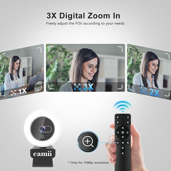 4K Webcam with Light, HD Webcam for PC with Remote Control, Built-in Privacy Cover, Adjustable Brightness, Noise Reduction Mics, for Zoom Skype Teams Laptop and Google Meet-DeskLoop Office