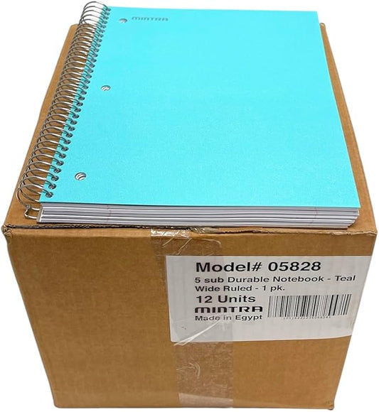 Mintra Office Durable Spiral Notebooks, 5 Subject (Teal, Wide Ruled 12pk)-DeskLoop Office