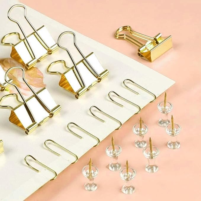 10 Pack, Gold Paper Clips and Binder Clips Set, Metal Assorted Sized Binders with Push Pins, Cute Gold Office Supplies for Desk, Desk Accessories-DeskLoop Office