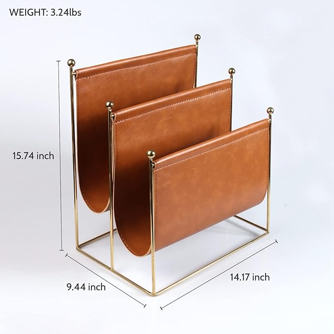 Plated Metal Wire and Leatherette Magazine Holder Rack, 2-Slot Standing Rack for Magazines, Books, Newspapers, Home Staging Decoration-DeskLoop Office