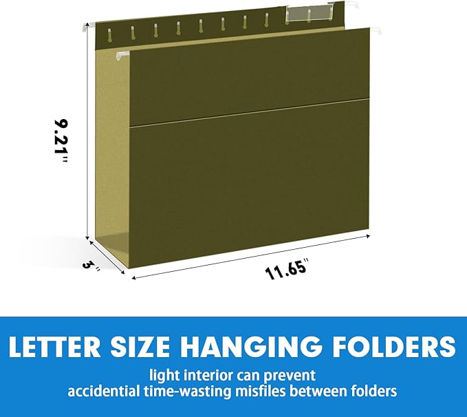 Extra Capacity Hanging File Folders, RAZCC 30 Pack Letter Size Reinforced Hanging Folders with Heavy Duty 3 Inch Expansion for Bulky Files, Filing Cabinet, Adjustable Tabs, Green-DeskLoop Office