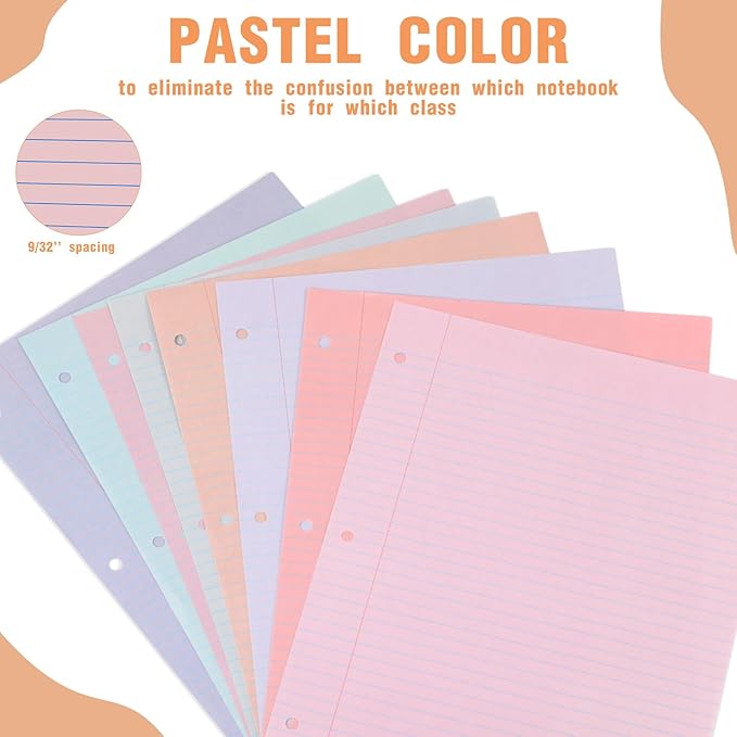 PerKoop 400 Sheets Colored Loose Leaf Paper 8.5" x 11" college ruled Lined 3 Hole Punched notebook Filler Paper for 3 Ring Binders Office School Supplies (Fantasy Color)-DeskLoop Office