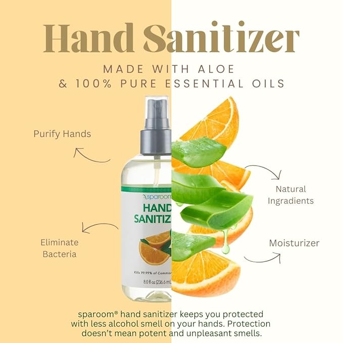 SpaRoom Hand Sanitizer Spray Orange – 70% Alcohol Formula with Aloe and Essential Oils, Travel Size Citrus Blend for On-the-Go Hygiene and Skin Moisture – 8oz Leak-Proof Bottle-DeskLoop Office