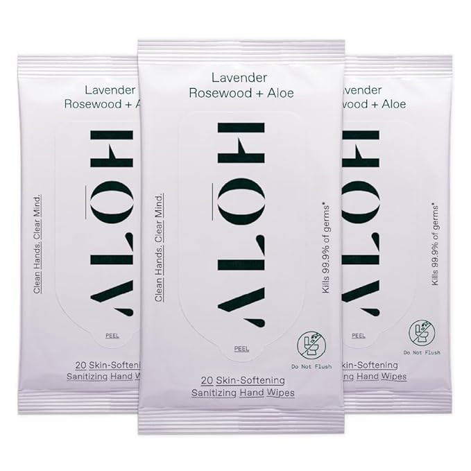 ALŌH Lavender Rosewood + Aloe Sanitizing Hand Wipes - Clean Hands, Clear Minds - On The Go Sanitizing Hand Wipes for Kids and Adults - Travel Size 3 Pack, 20ct Wipes (60 wipes)-DeskLoop Office