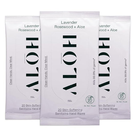 ALŌH Lavender Rosewood + Aloe Sanitizing Hand Wipes - Clean Hands, Clear Minds - On The Go Sanitizing Hand Wipes for Kids and Adults - Travel Size 3 Pack, 20ct Wipes (60 wipes)-DeskLoop Office