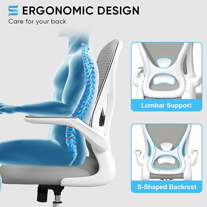 Sytas Ergonomic Desk Chair with Padded Flip up Arms and Supportive Lumbar Support, Breathable Mesh Home Office Chair with Comfortable Cushion for Home or Office(Gray)-DeskLoop Office