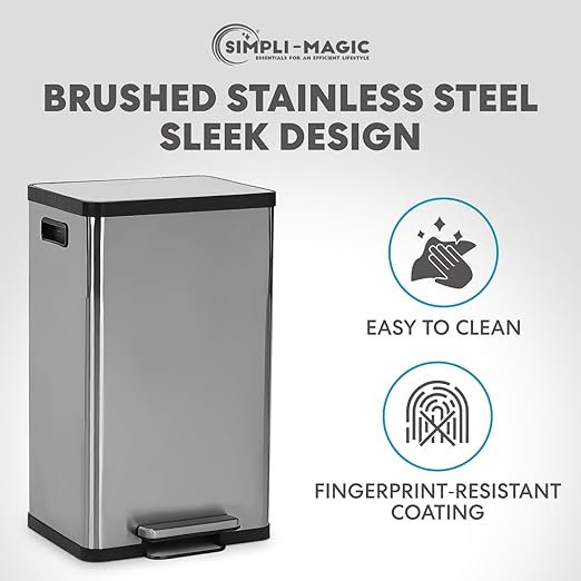 SIMPLI-MAGIC 50 Liter / 13.2 Gallon Soft-Close, Smudge Resistant Trash Can with Foot Pedal and Built in Filter- Stainless Steel, Sleek Finish-DeskLoop Office