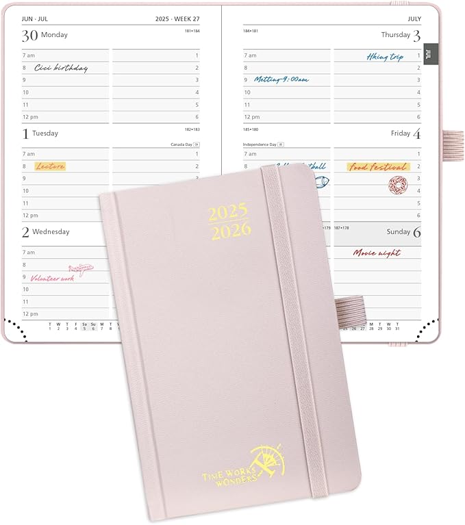 POPRUN Pocket Planner 2025-2026, (Purse Size 4''x 6.25'' Hard Cover) Academic Year Calendar Daily Weekly and Monthly (July 25-June 26) with Hourly Time Slots, 100 GSM Paper - Light Pink-DeskLoop Office