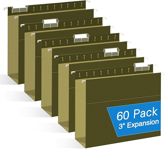 Extra Capacity Hanging File Folders, RAZCC 60 Pack Letter Size Reinforced Hanging Folders with Heavy Duty 3 Inch Expansion for Bulky Files, Filing Cabinet, Adjustable Tabs, Green-DeskLoop Office
