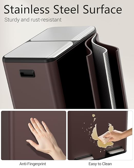 TLSUNNY Kitchen Dual Trash Can, 60L Hands-Free Stainless Steel Garbage Can, Classified Rubbish Bin with Double Compartments, Soft-Close Lid, Inner Bucket, Odor Control (60L) (Brown)-DeskLoop Office